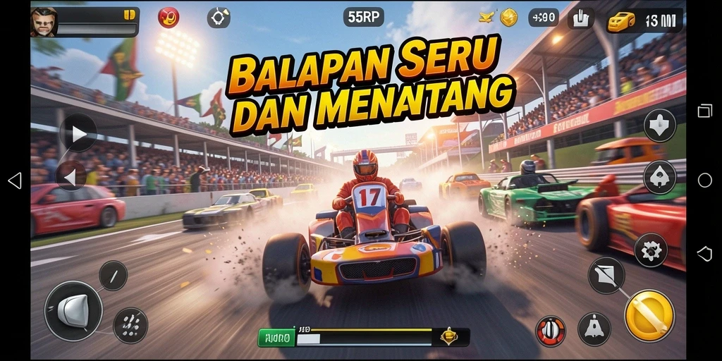 Screenshot gameplay 55RP menunjukkan mobil balap di lintasan yang menantang.