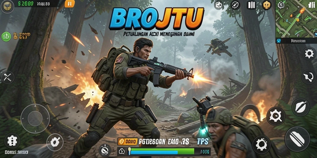 Tampilan gameplay menegangkan BROJITU dengan aksi tembak-menembak yang intens.