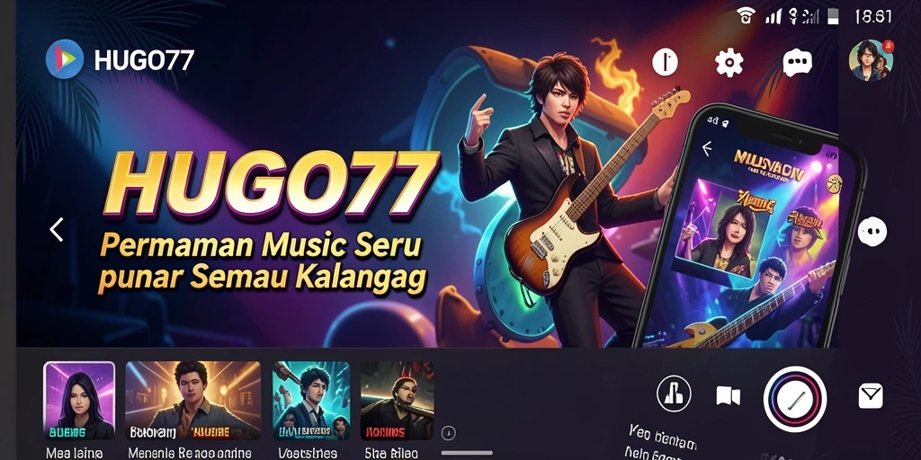 Tangkapan layar HUGO77 menampilkan gameplay musik yang seru dan interaktif.
